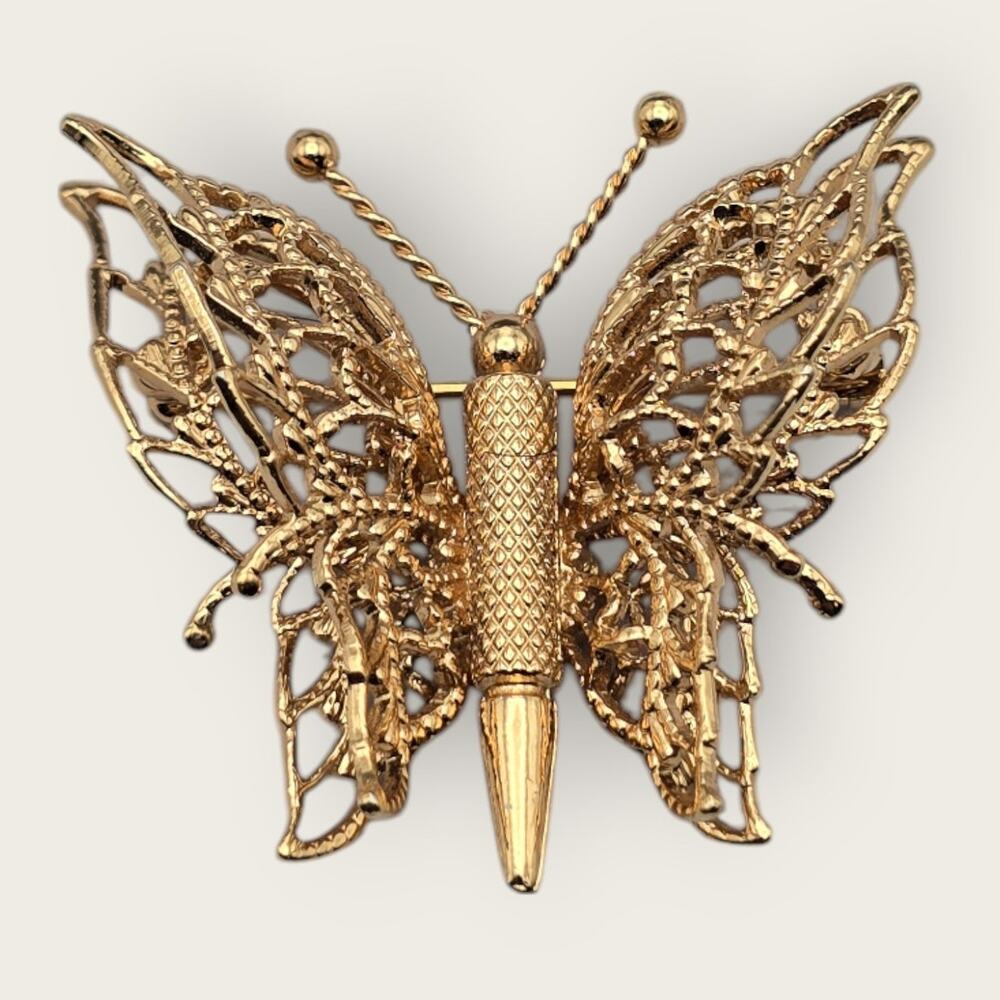 Monet Gold Filigree Butterfly Brooch Openwork Wing Pin - Classic Elegance